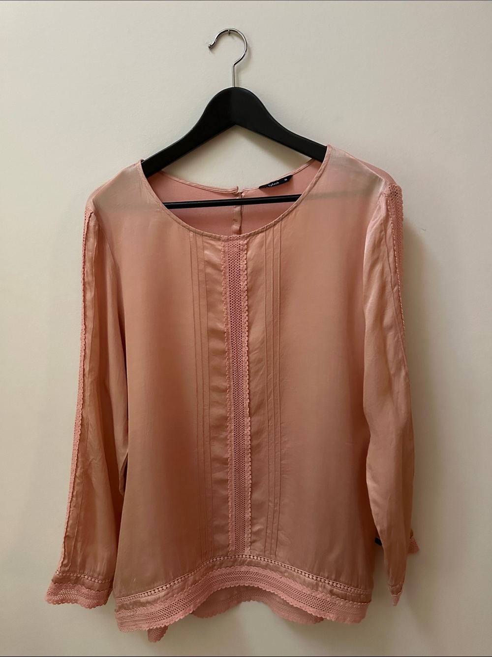 Coral pink Lace-Trim Long-Sleeve Silk Blend Blouse